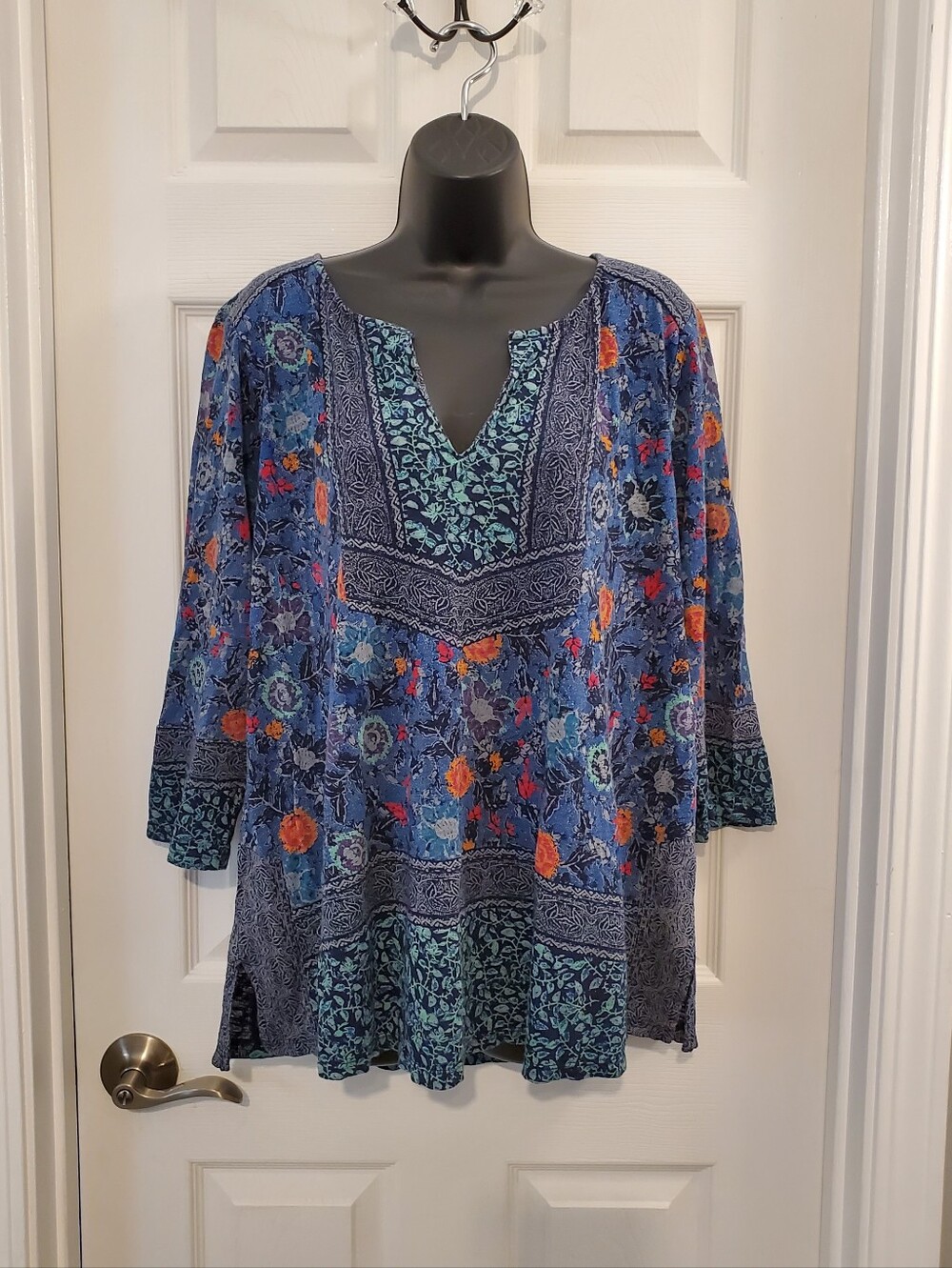Lucky Brand Floral V-Neck Women's Tunic Top Quarter Sleeve 2X